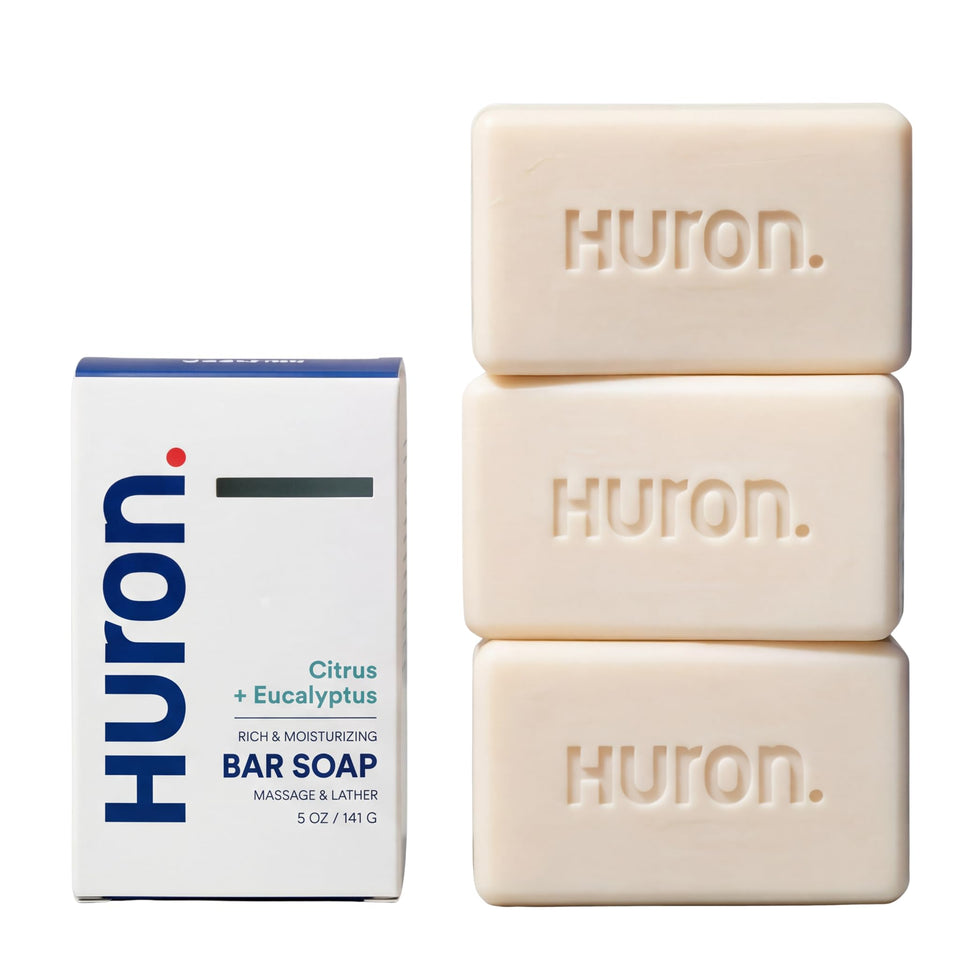Huron front packaging showing three boxed hydrating soap bars and scent description