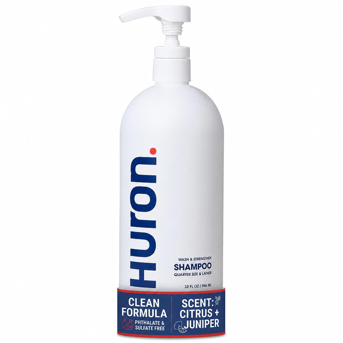 Huron bottle front view showing label and citrus scent, highlights clean formula