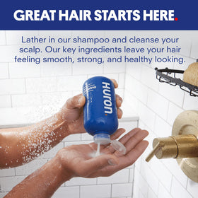 Huron pump and label close-up highlighting ingredient transparency benefit