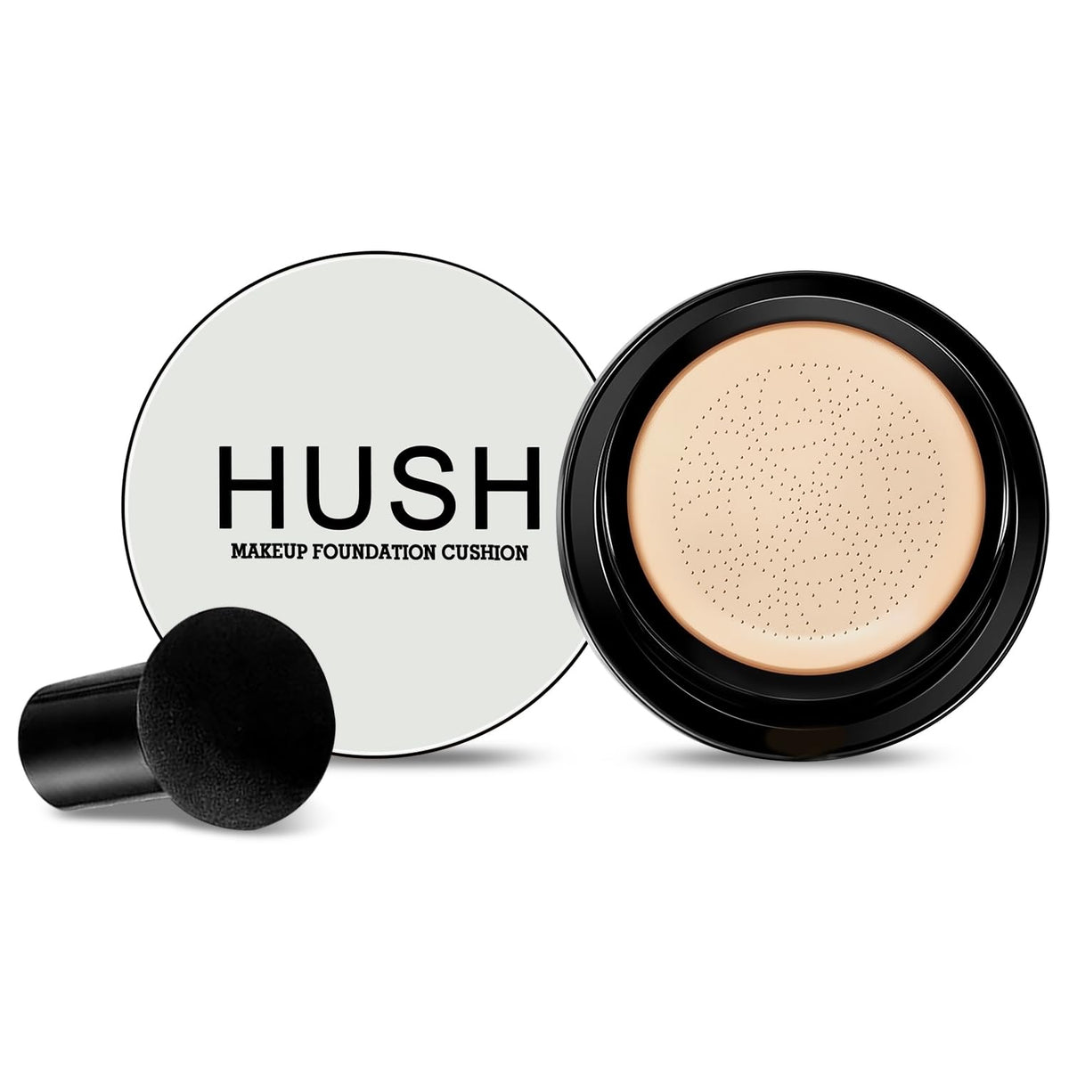 Hush Makeup Foundation compact front view showing warm golden tone and portability