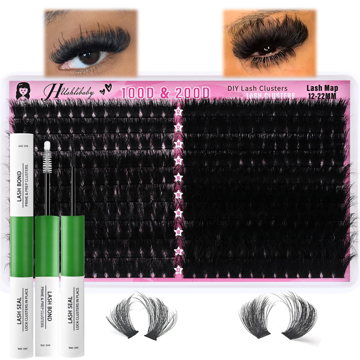 Hushlibaby front packaging showing full 280-piece lash cluster kit and Bond & Seal benefit
