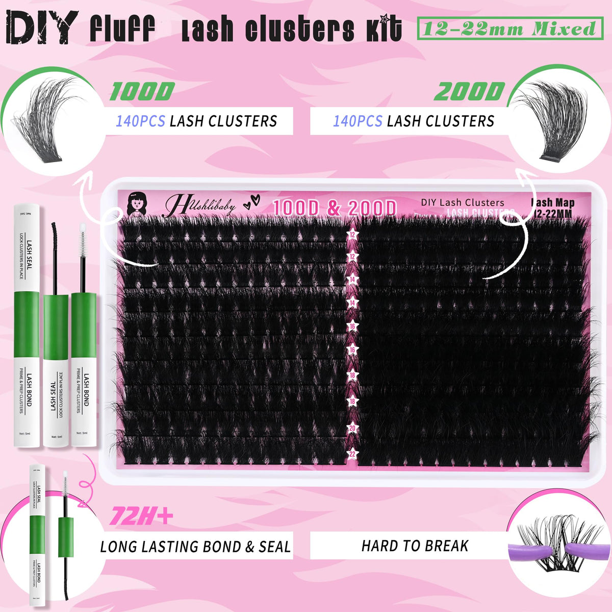 Hushlibaby arranged clusters 12–22mm demonstrating length options for custom styling