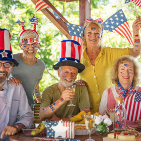 Huskein party lifestyle shot with people wearing tattoos for festive group photos