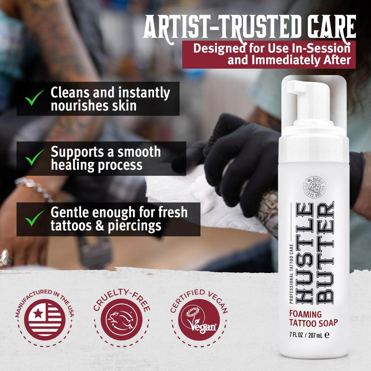 Hustle Butter Deluxe in use with artist wiping tattoo to remove residue safely
