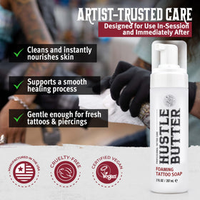 Hustle Butter Deluxe in use with artist wiping tattoo to remove residue safely