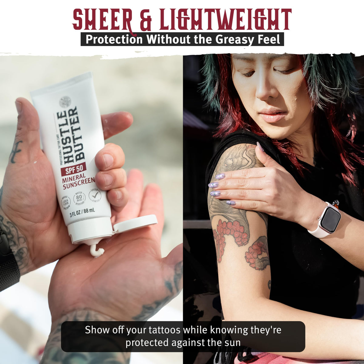 Hustle Butter being applied to tattooed arm to protect ink and hydrate skin