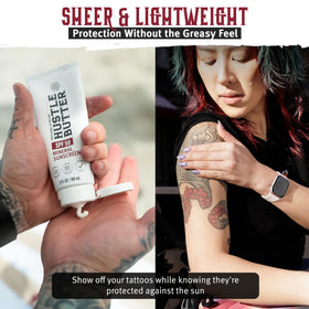 Hustle Butter being applied to tattooed arm to protect ink and hydrate skin