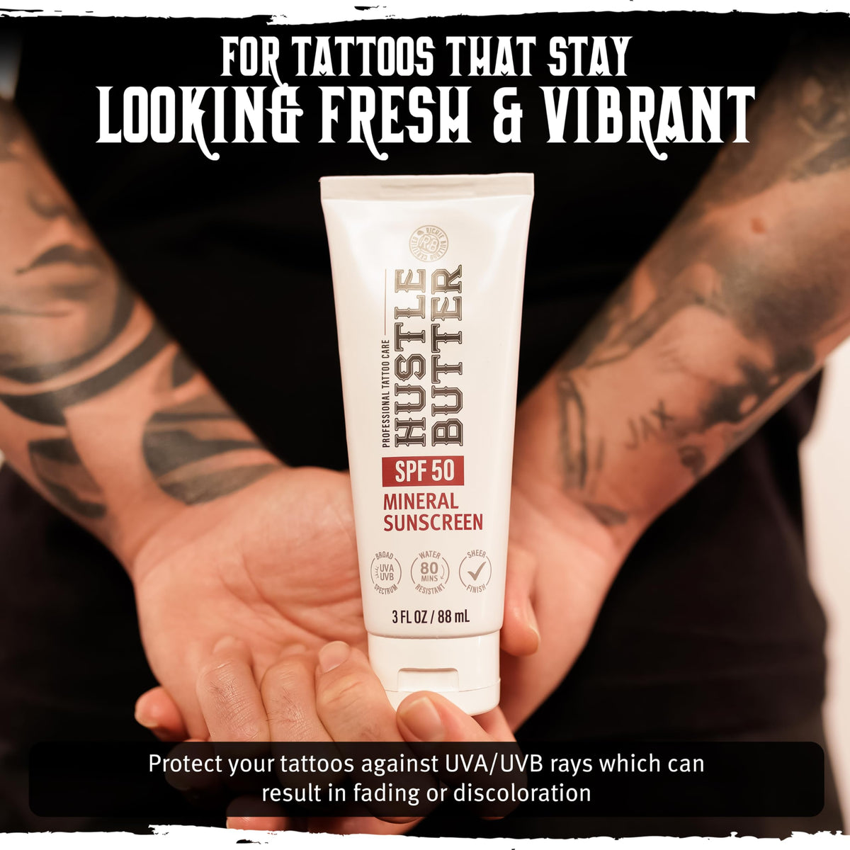 Hustle Butter in beach setting protecting tattoos during sun exposure