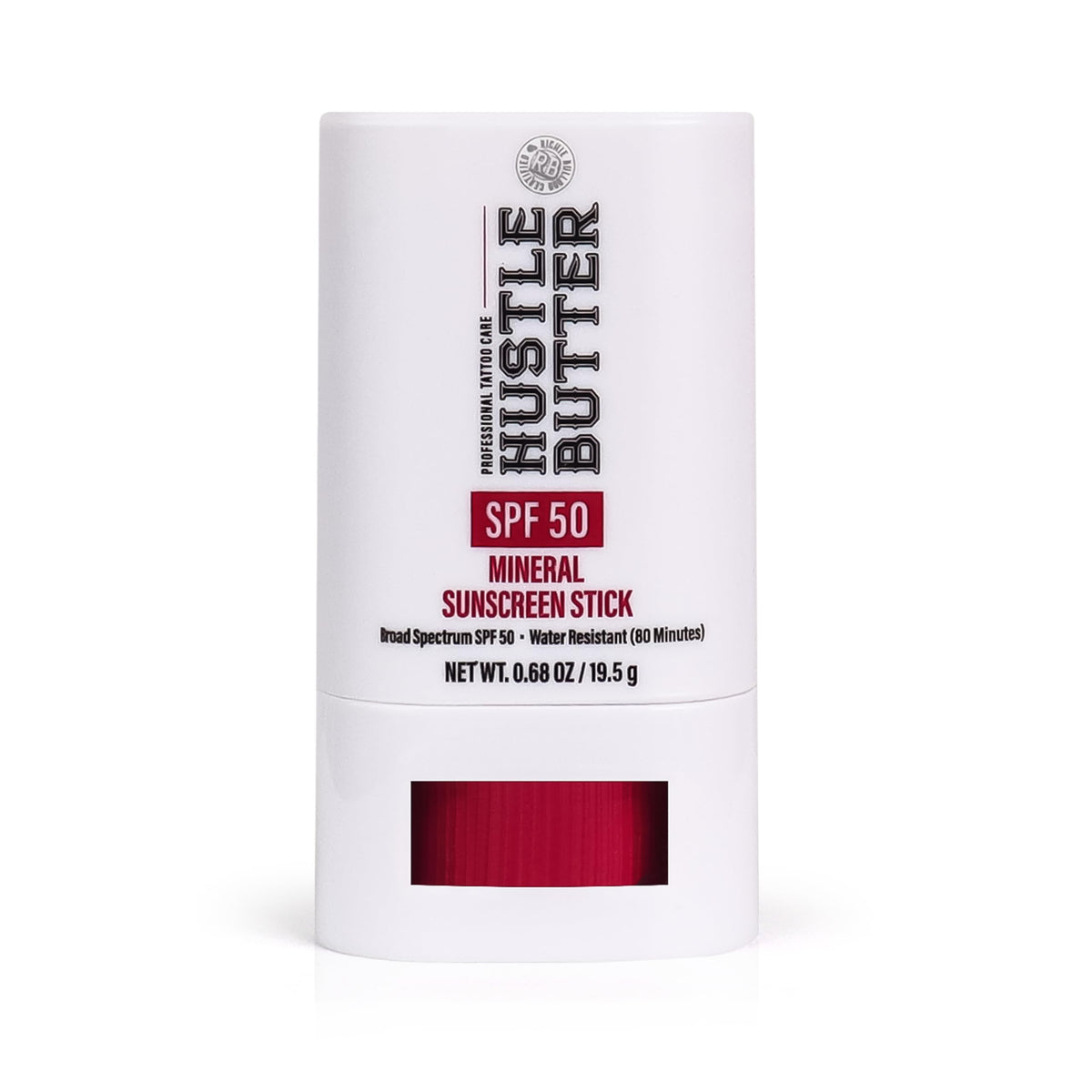 Hustle Butter Deluxe front packaging showing compact SPF 50 stick and benefits