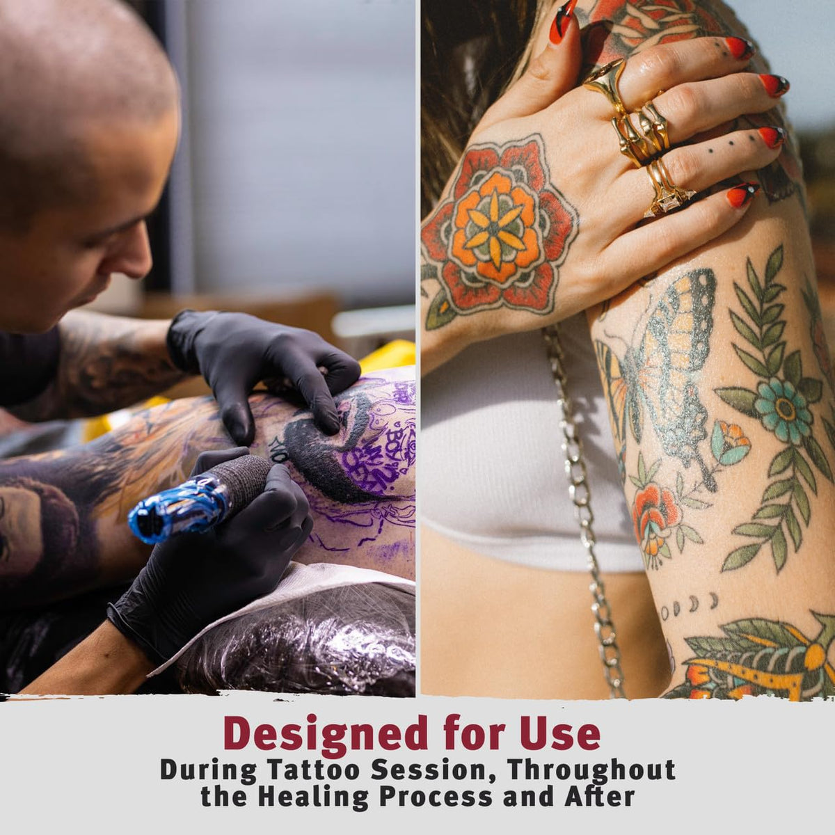 Hustle Butter Deluxe used during tattoo session to protect stencil and reduce friction