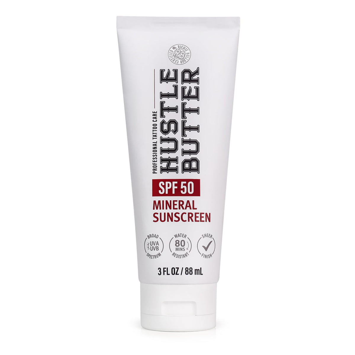 Hustle Butter front label of 3 oz tube showing SPF 50 protection and benefits