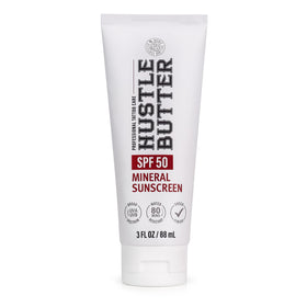 Hustle Butter front label of 3 oz tube showing SPF 50 protection and benefits
