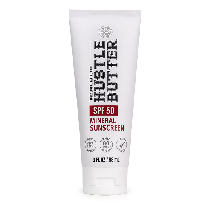 Hustle Butter front label of 3 oz tube showing SPF 50 protection and benefits