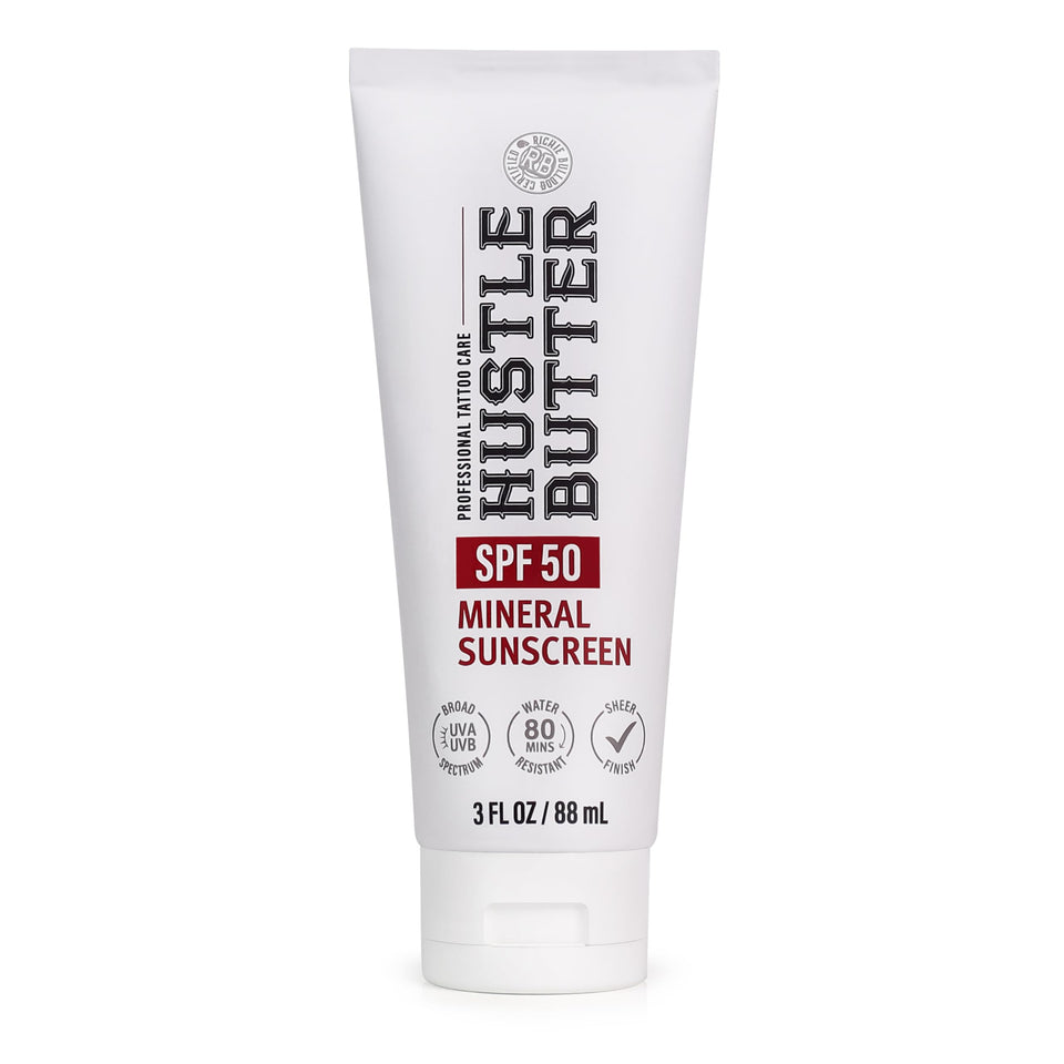 Hustle Butter front label of 3 oz tube showing SPF 50 protection and benefits