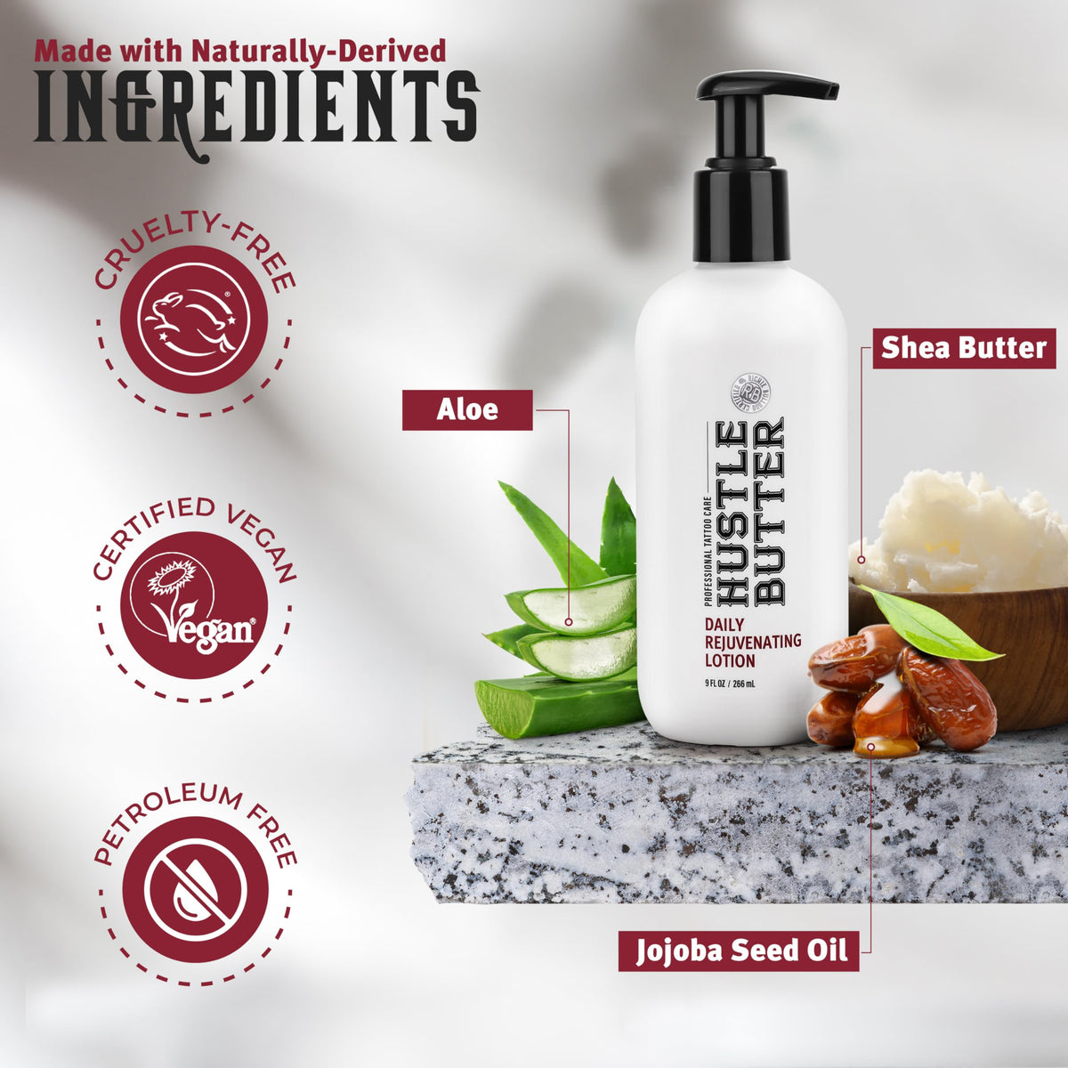Hustle Butter shea aloe jojoba ingredients laid out to show natural moisturizing benefits
