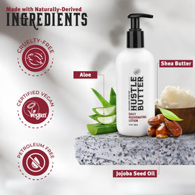 Hustle Butter shea aloe jojoba ingredients laid out to show natural moisturizing benefits