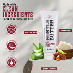 Hustle Butter beside sunglasses showing compact 3 fl oz travel convenience