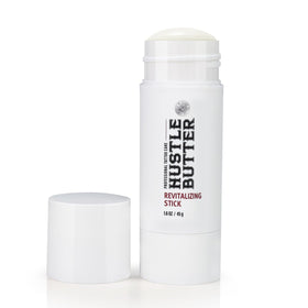 Hustle Butter front packaging showing compact 1.6 oz stick, easy travel benefit