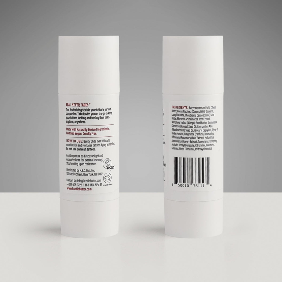 Hustle Butter ingredients label close-up highlighting vegan and petroleum-free benefit