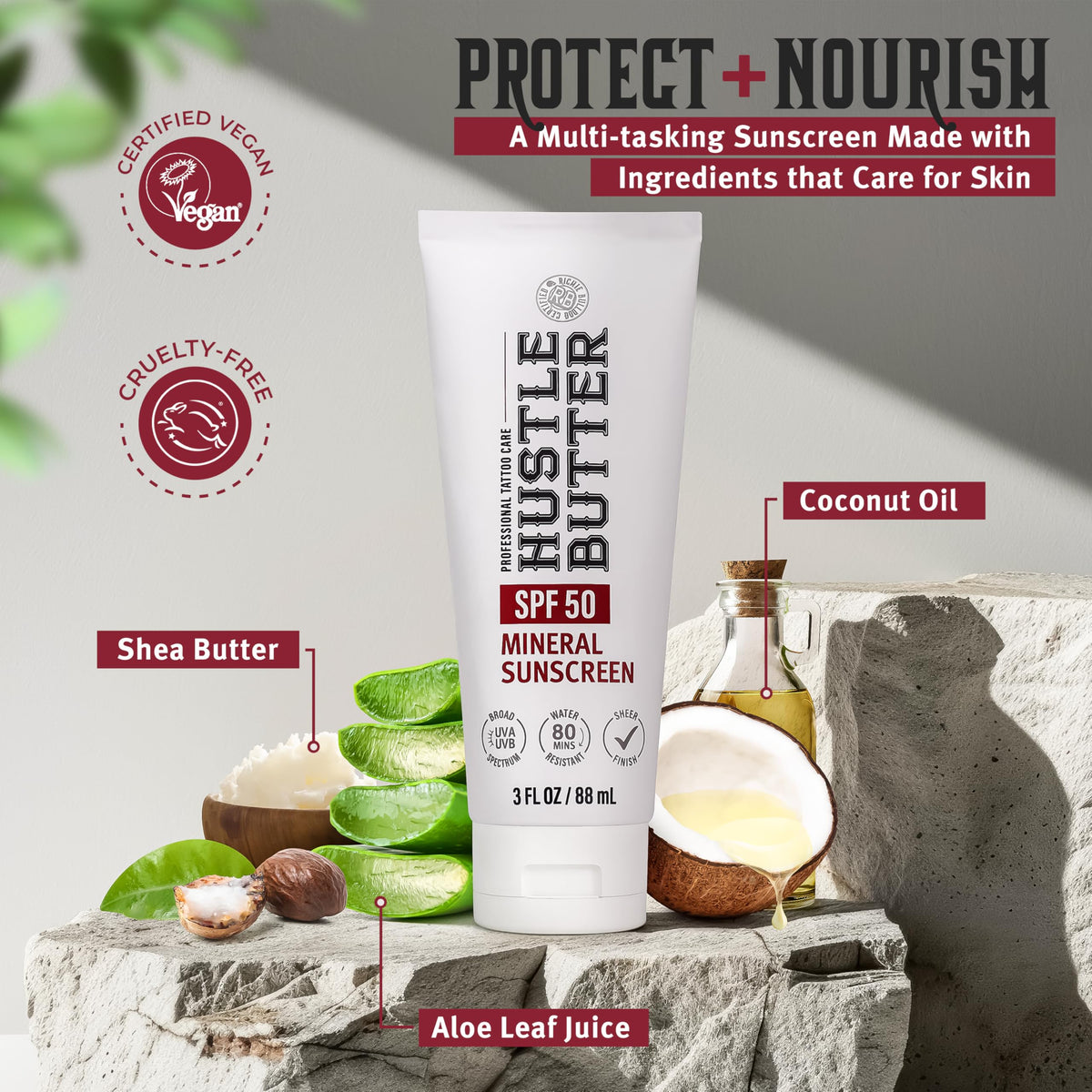 Hustle Butter 3 oz tube next to passport showing TSA-friendly travel convenience
