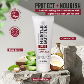 Hustle Butter 3 oz tube next to passport showing TSA-friendly travel convenience