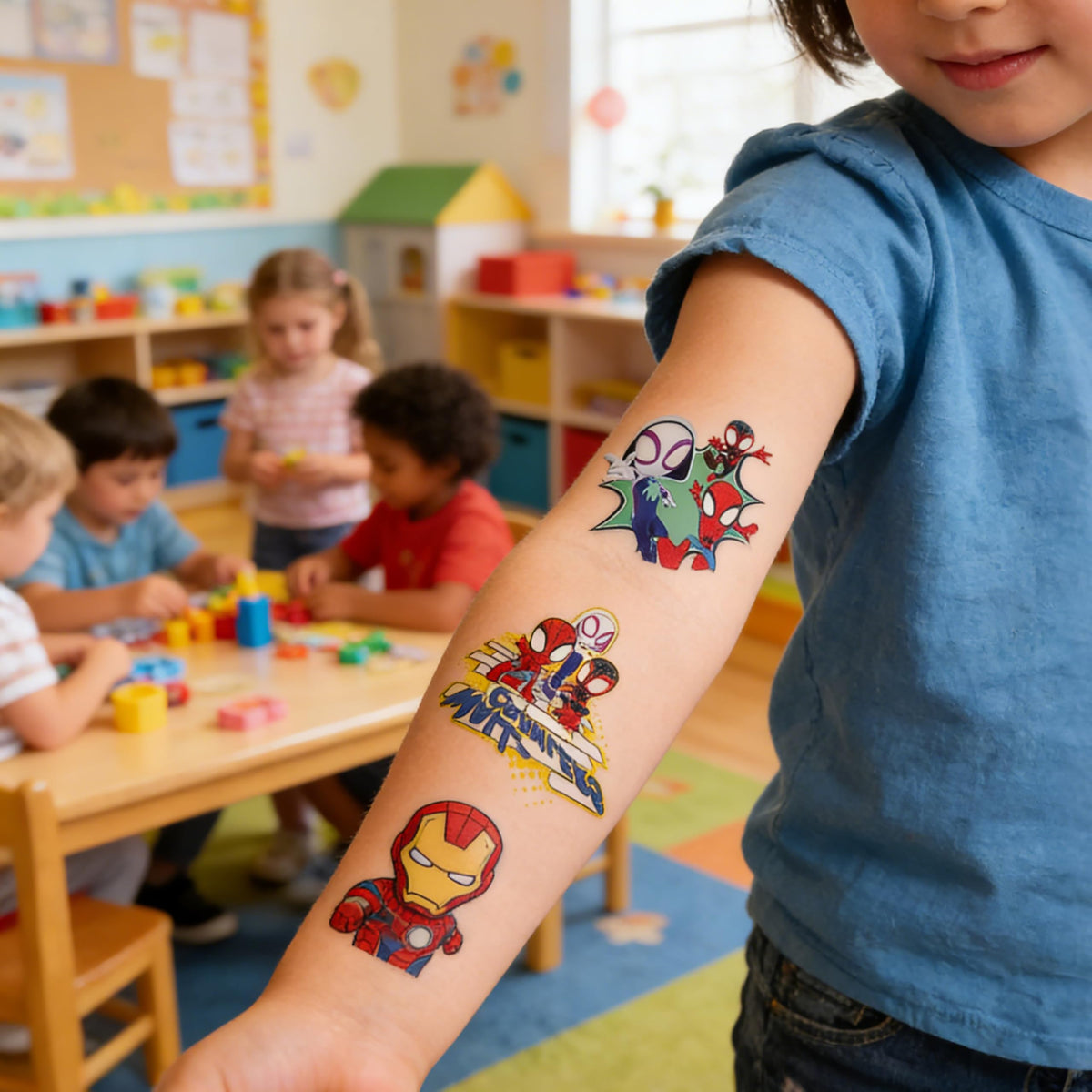 HUXICUI party table with tattoos in goody bags showing instant superhero fun