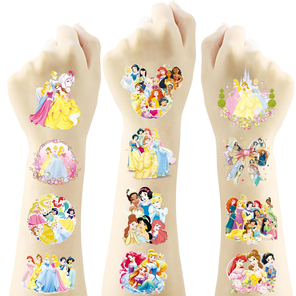 HUXICUI close-up of tattoo sheet showing detailed princess illustrations and colors