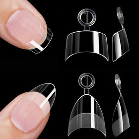 HWHUNO front packaging showing 480 clear extra-short nail tips, convenient set for salon or home