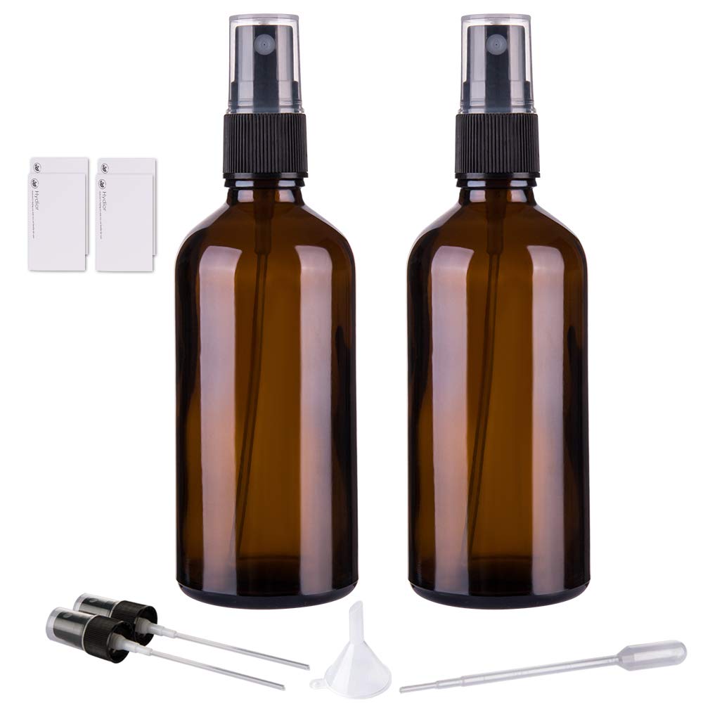 Hydior amber glass bottle front view showing fine mist sprayer and neat packaging for travel
