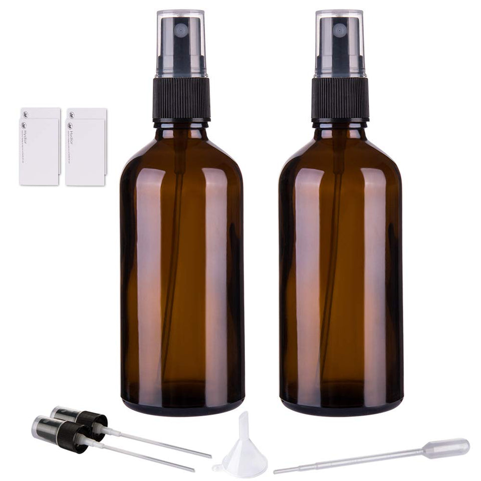 Hydior amber glass bottle front view showing fine mist sprayer and neat packaging for travel