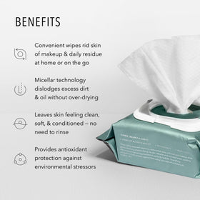 HydroPeptide wipe in hand removing makeup demonstrating easy cleansing