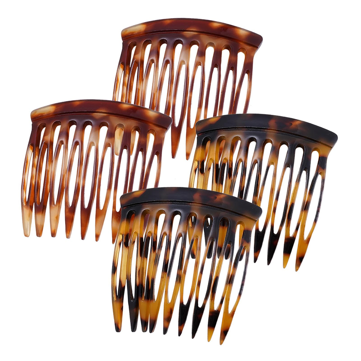 HYFEEL front view of four tortoise brown combs showing compact decorative design
