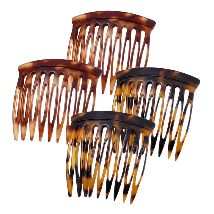 HYFEEL front view of four tortoise brown combs showing compact decorative design