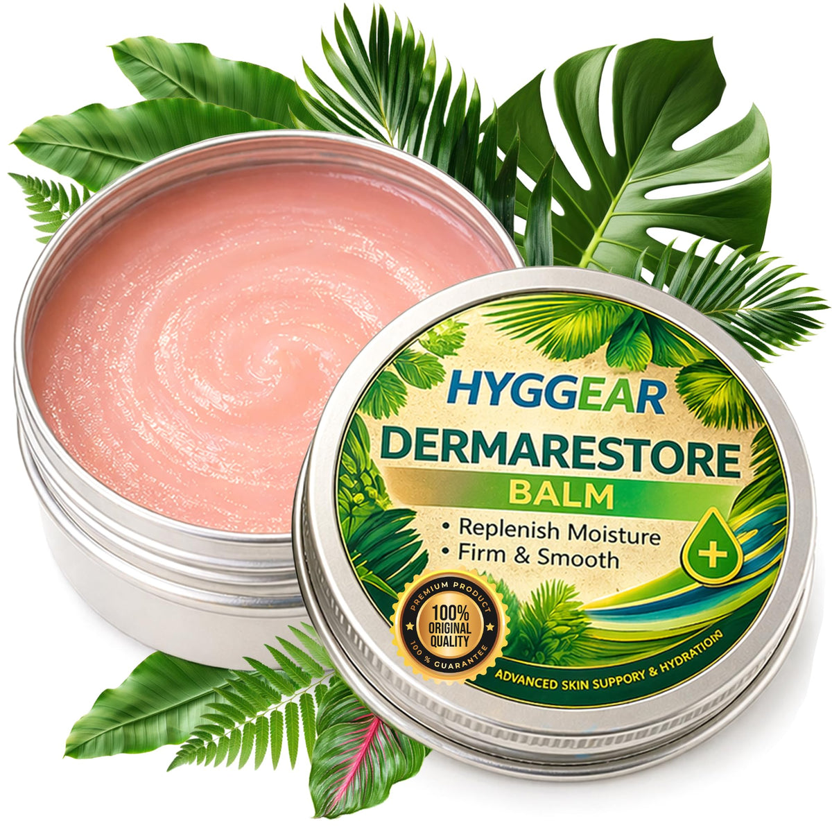 Hyggear Derma Restore Balm jar front view showing packaging and compact size benefit
