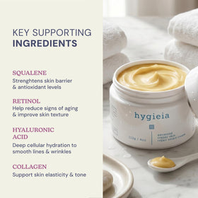 Hygieia + applying cream to arm demonstrating smoothing and firming benefit