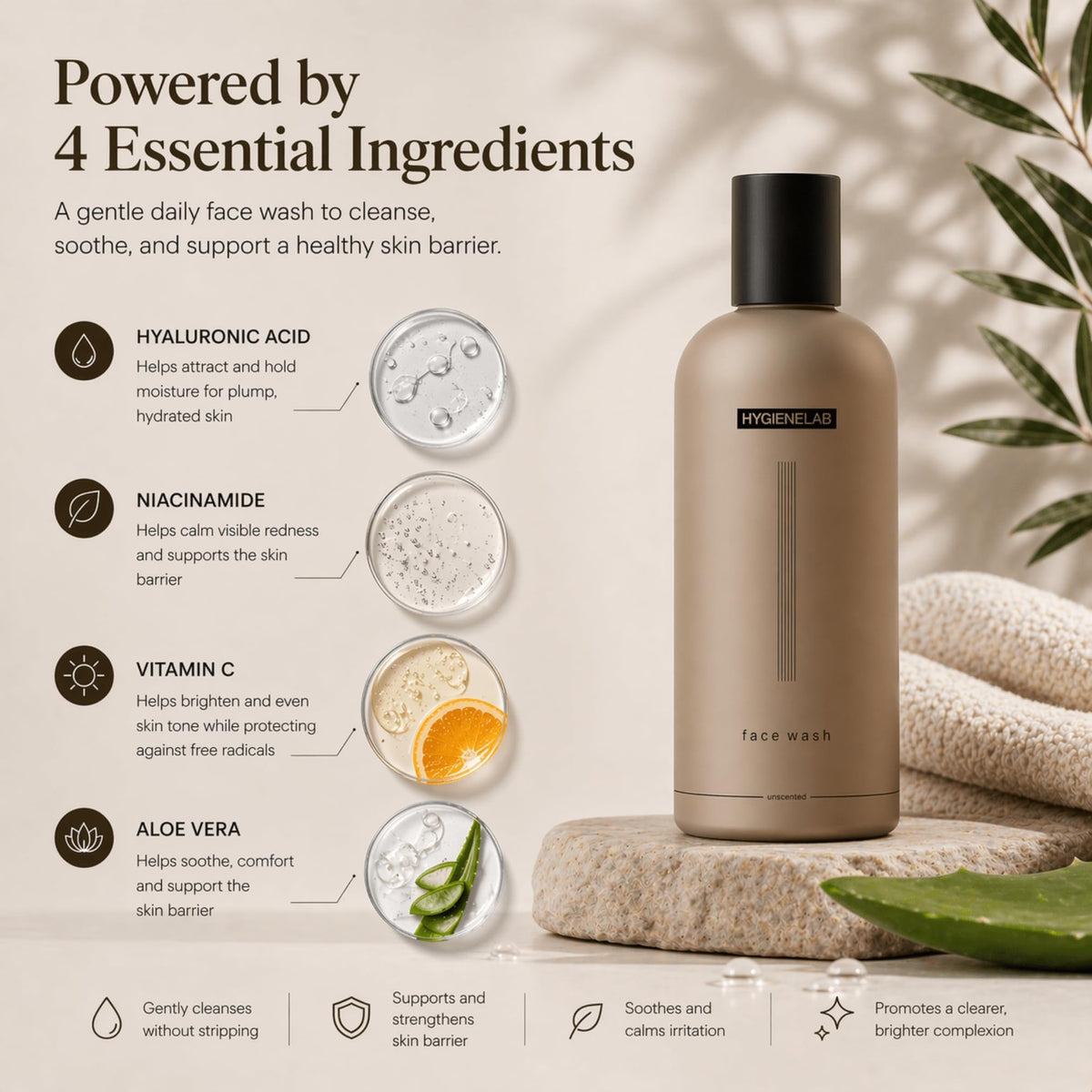 HygieneLab face wash pump dispensing gel texture, demonstrates gentle hydration