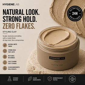 HygieneLab clay being warmed on hands for even application and easy styling