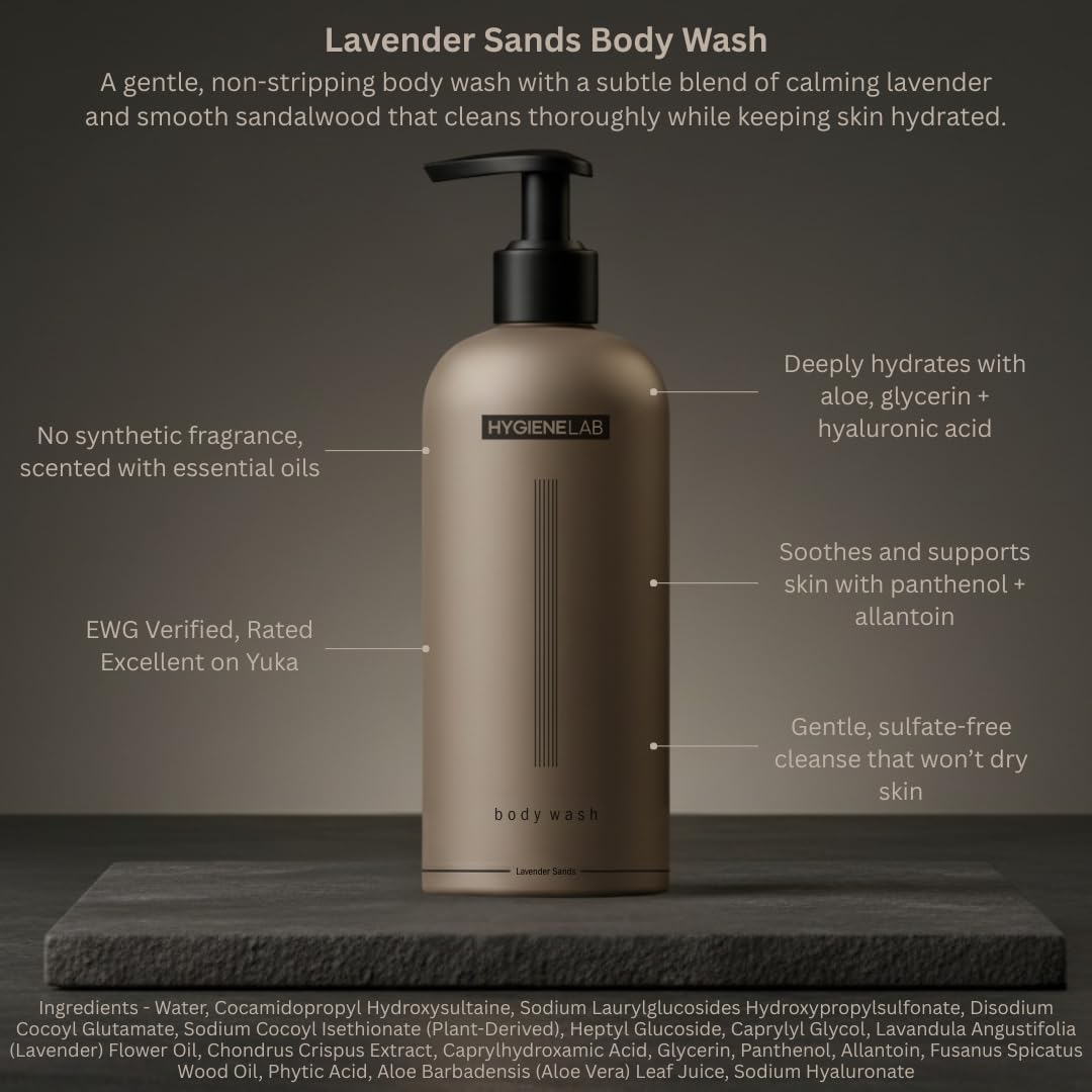 HygieneLab pump and label detail highlighting clean-ingredient transparency