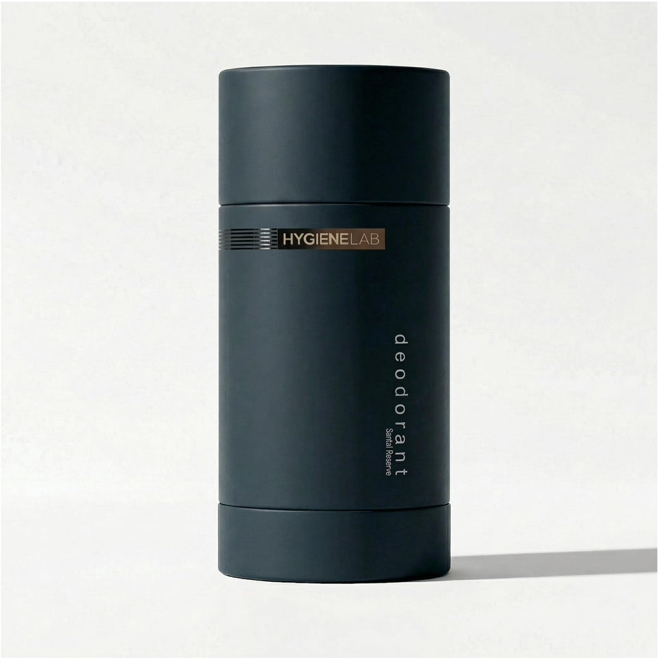 HygieneLab deodorant front packaging showing Santal Reserve scent and benefit
