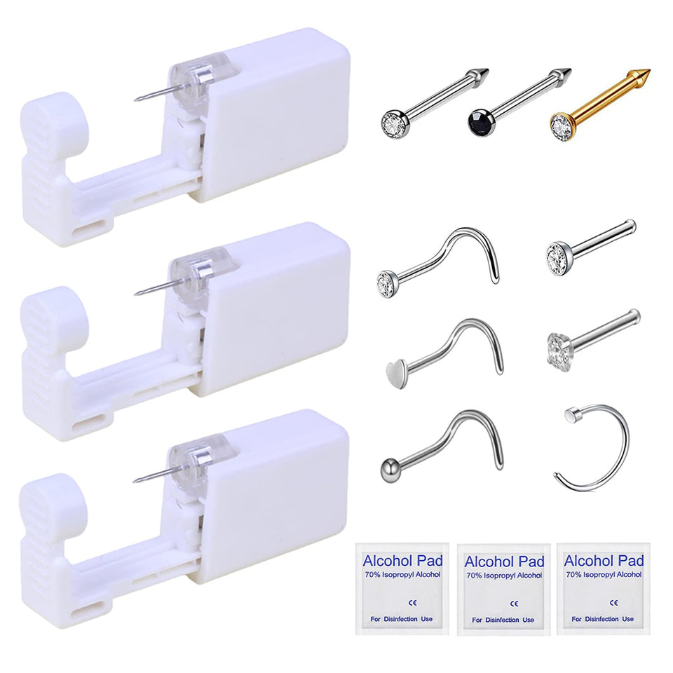HYJLPAF front packaging showing three sealed disposable nose piercing guns and contents for clean setup