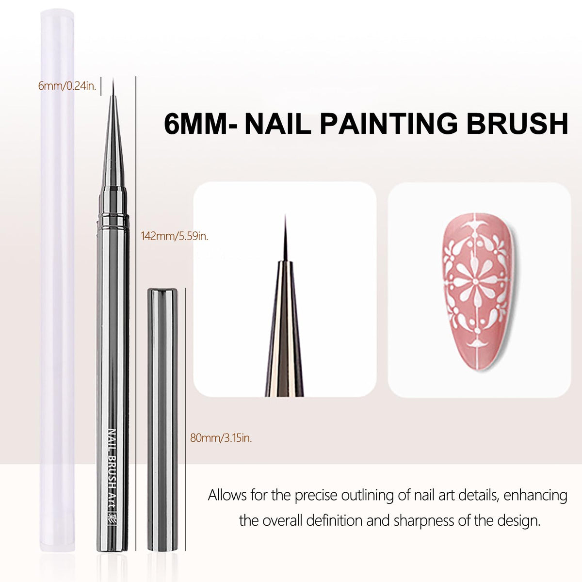 HYWWPFLAY fine 6mm liner brush drawing a precise hairline accent on a nail tip