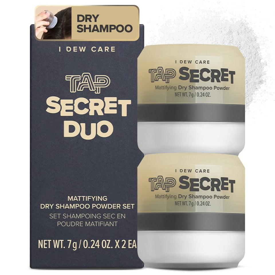 I DEW CARE front packaging showing compact dry shampoo duo and sustainable design benefit
