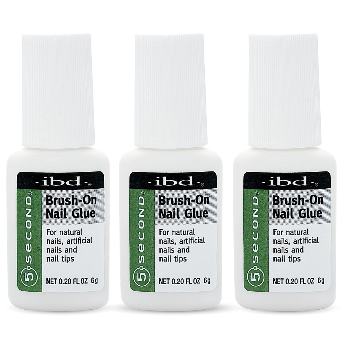 IBD brush-on glue front bottle showing label and brush cap for precise application benefit