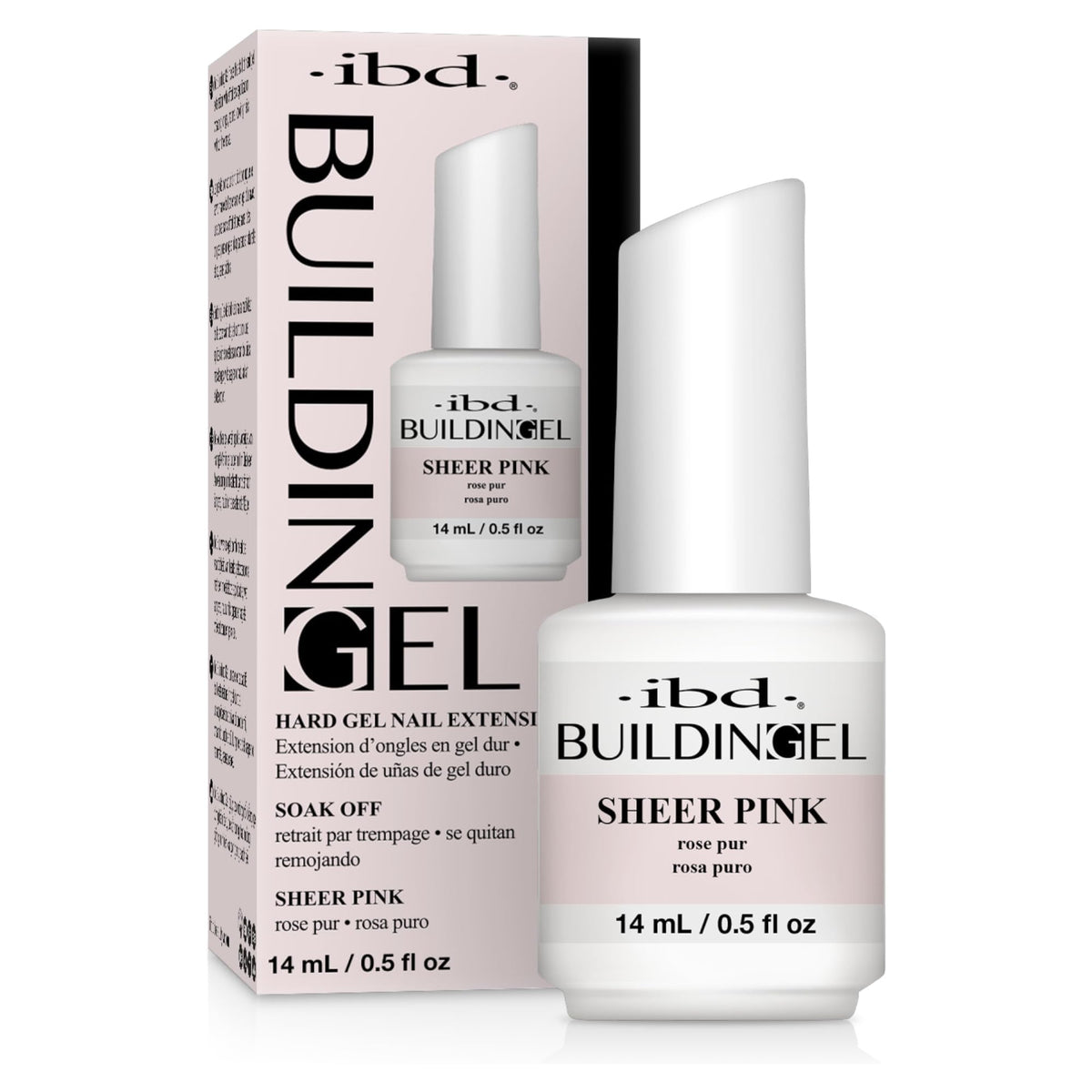 IBD sheer pink front bottle showing label and brush cap, professional convenience