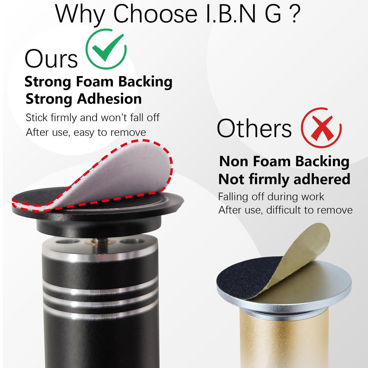 I·B·N G adhesive backing detail demonstrating secure stick and no slip