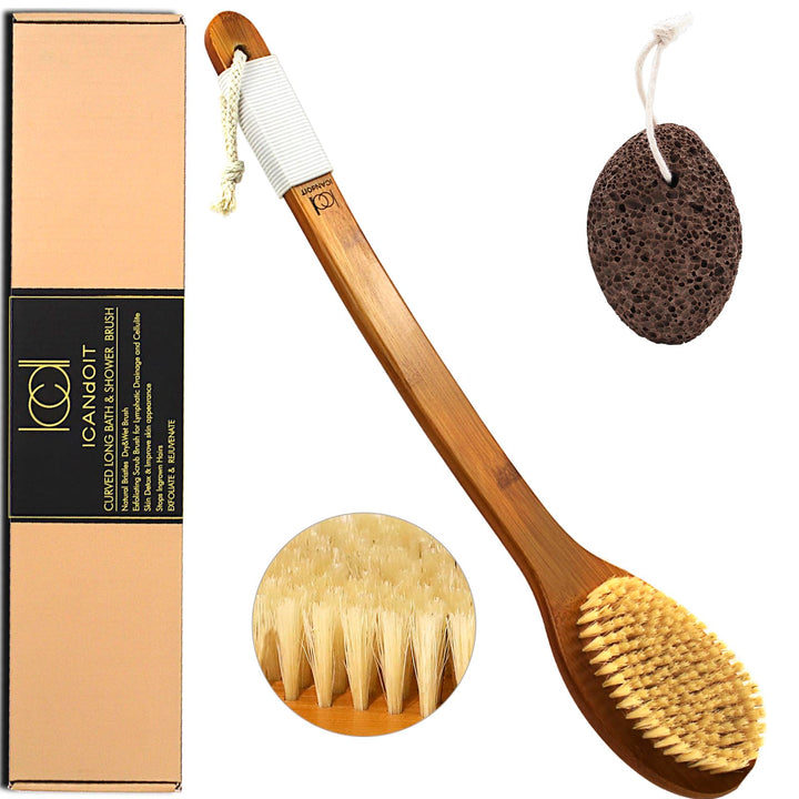 ICANdOIT front view of bath brush showing natural boar bristles and bamboo handle for effective exfoliation