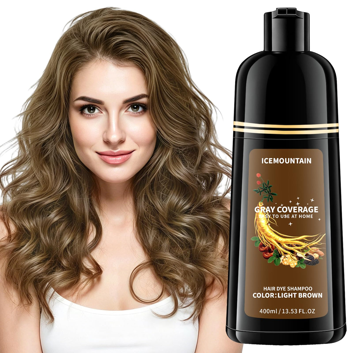 ICEMOUNTAIN front packaging showing light brown dye shampoo and benefits