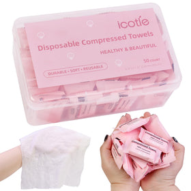 ICOTLE front box packaging showing 50 individually wrapped towels, portable convenience