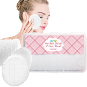 ICOTLE front packaging showing 80-count oval cotton pads and tidy container benefit