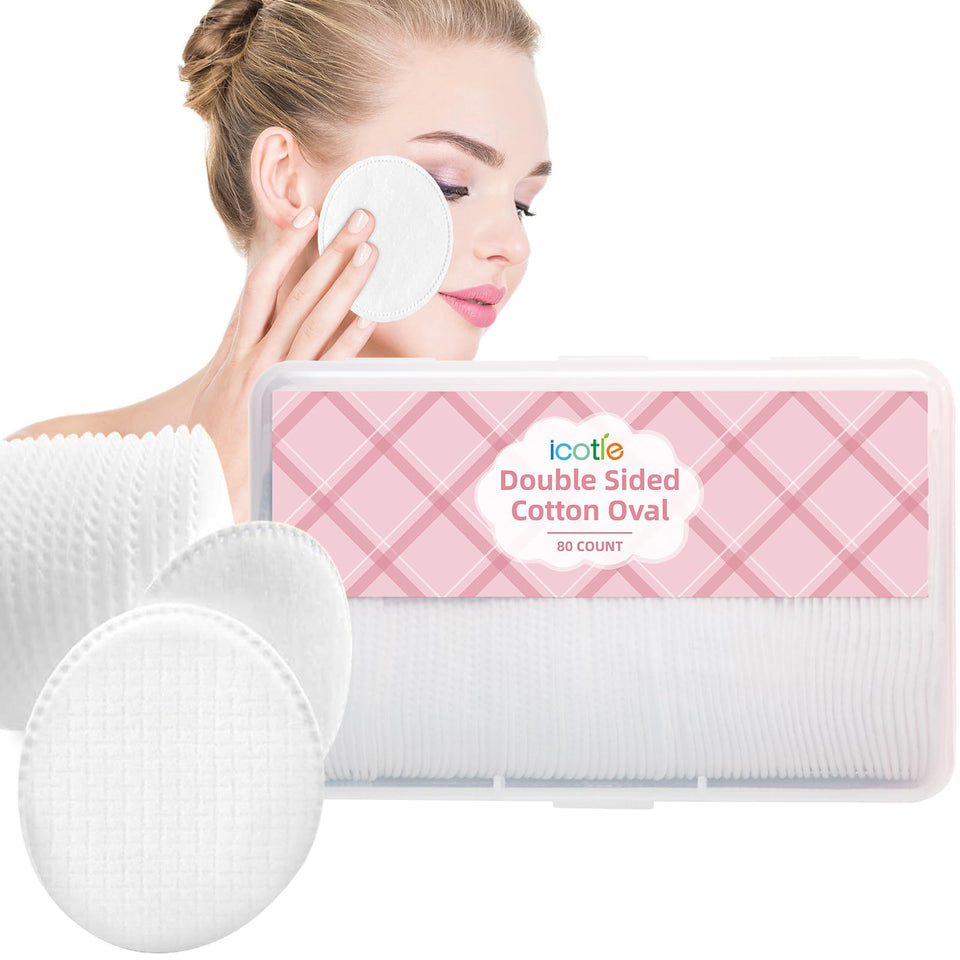 ICOTLE front packaging showing 80-count oval cotton pads and tidy container benefit